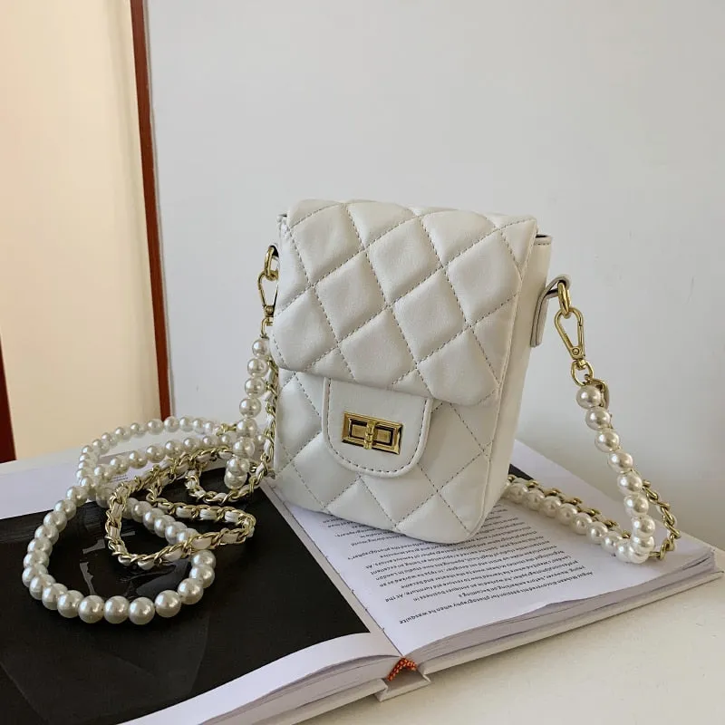 Christmas Gift Women Quilted Pearl Chain Shoulder Bags Diamond Lattice Crossbody Bags Female Small Square Messenger Bag Solid Color Handbags