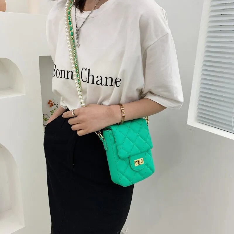 Christmas Gift Women Quilted Pearl Chain Shoulder Bags Diamond Lattice Crossbody Bags Female Small Square Messenger Bag Solid Color Handbags