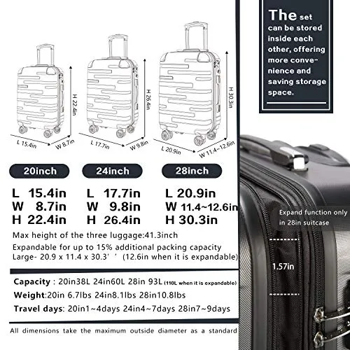 Coolife Luggage Expandable Suitcase 3 Piece Set with TSA Lock Spinner 20in24in28in (red)