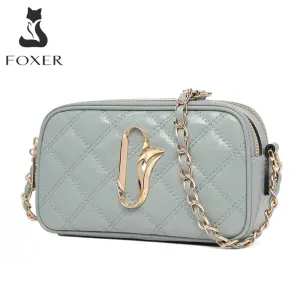 FOXER Casual Girl's Cross-body Zipper Bag Luxury Ladies Diamond Lattice Bag Cowhide Shoulder Messenger Bag for Women