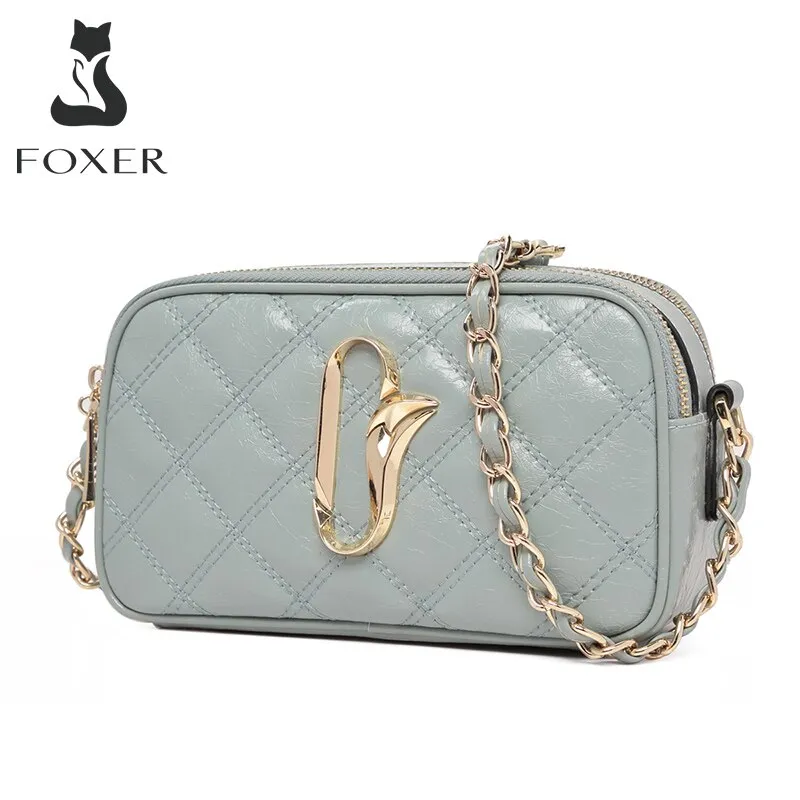FOXER Casual Girl's Cross-body Zipper Bag Luxury Ladies Diamond Lattice Bag Cowhide Shoulder Messenger Bag for Women