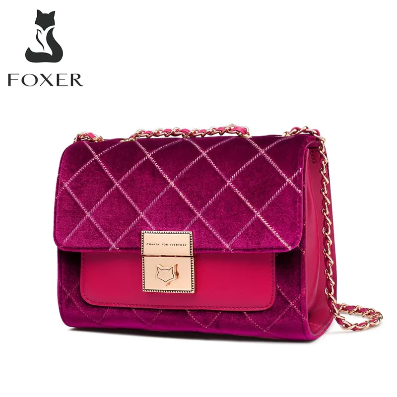 FOXER Women Soft Villus Small Shoulder Bag Fashion Autumn Winter Bag for Lady Diamond Lattice Crossbody Bag Girl's Chain Bag