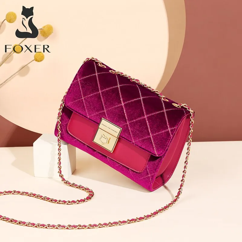 FOXER Women Soft Villus Small Shoulder Bag Fashion Autumn Winter Bag for Lady Diamond Lattice Crossbody Bag Girl's Chain Bag