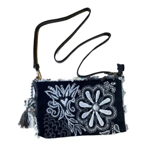 Hand Embroidered Wool Crossbody Handbag, Clutch, Purse "Embroidery Front and Back"- Black and White