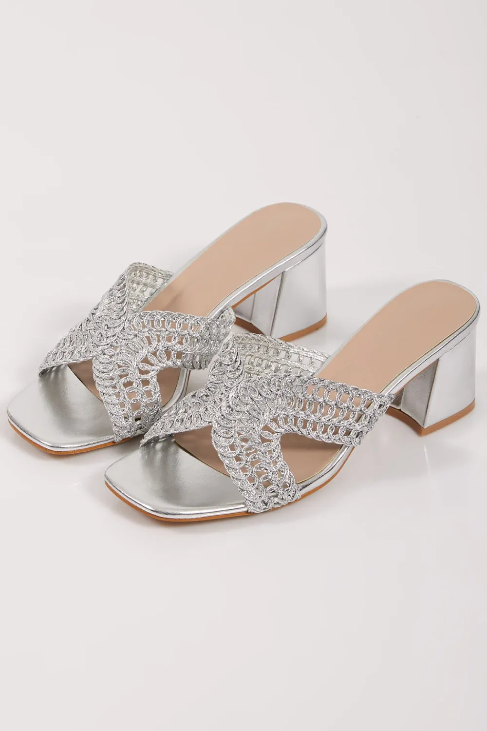 KNITTED BLOCK HEEL MULES IN SILVER
