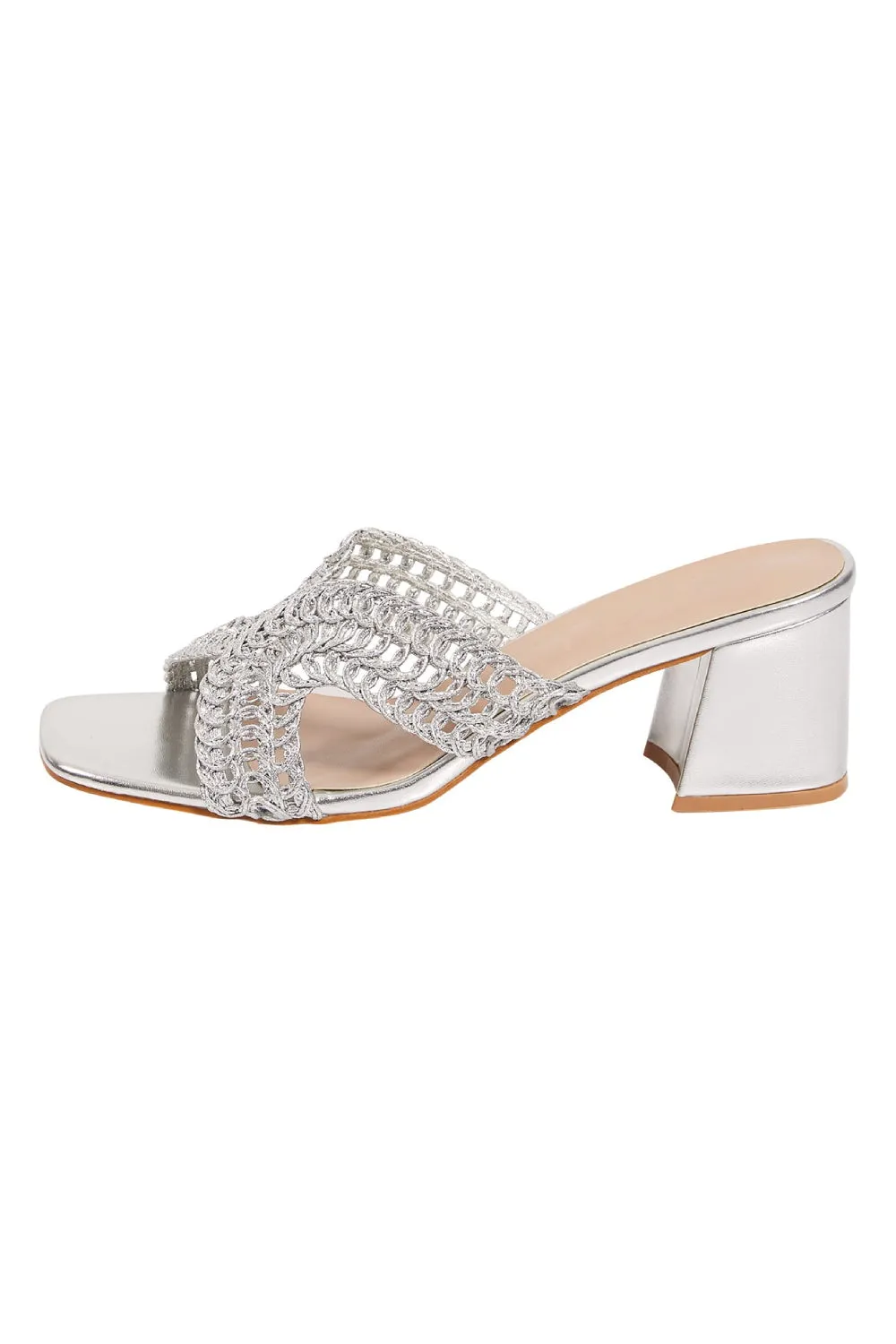 KNITTED BLOCK HEEL MULES IN SILVER