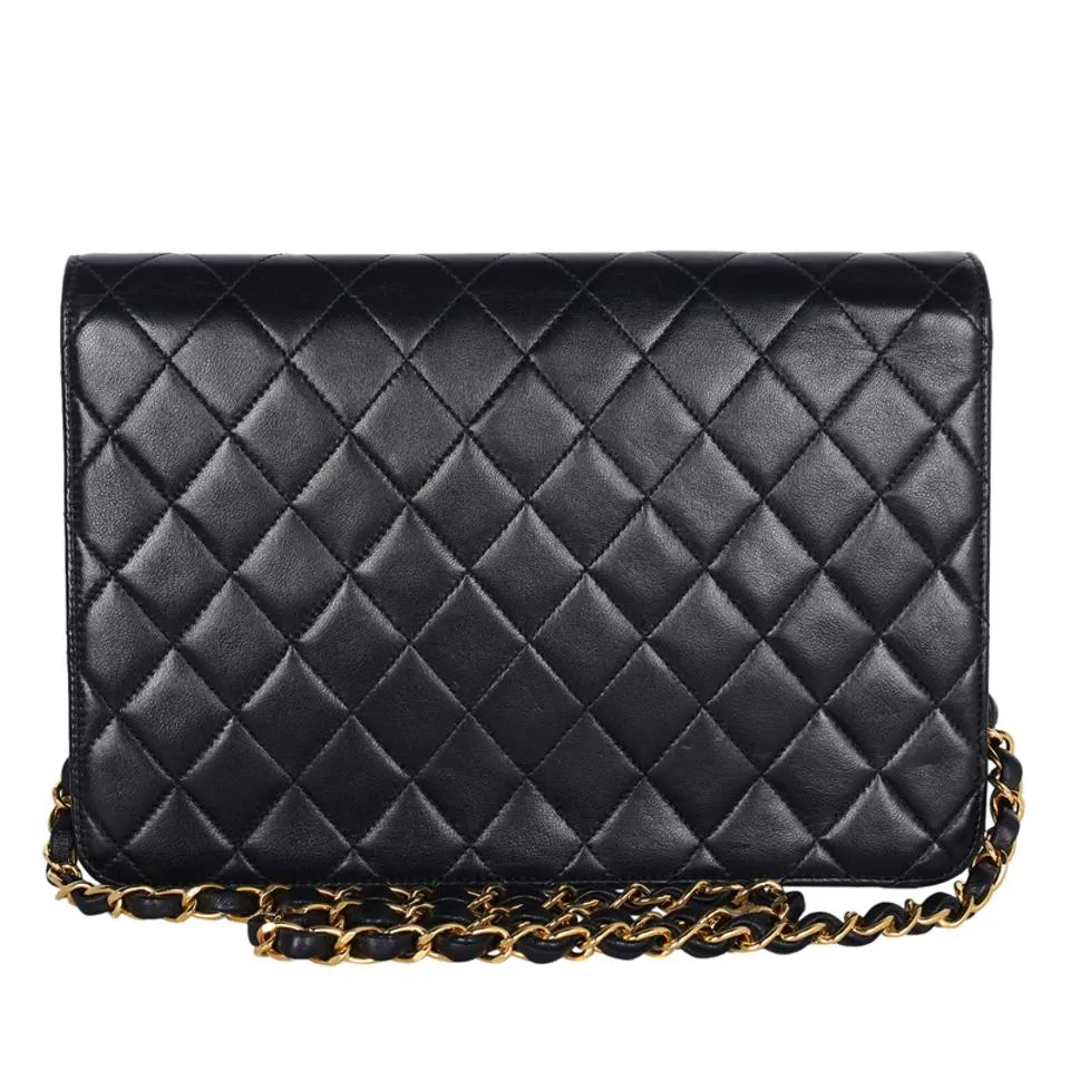 Lambskin Leather Single Flap Shoulder Bag Black (Authentic Pre-owned)