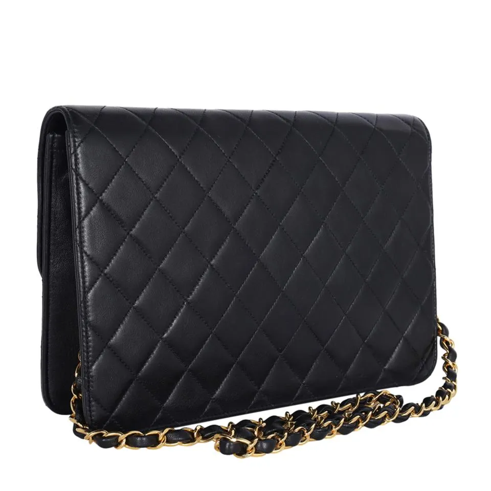 Lambskin Leather Single Flap Shoulder Bag Black (Authentic Pre-owned)