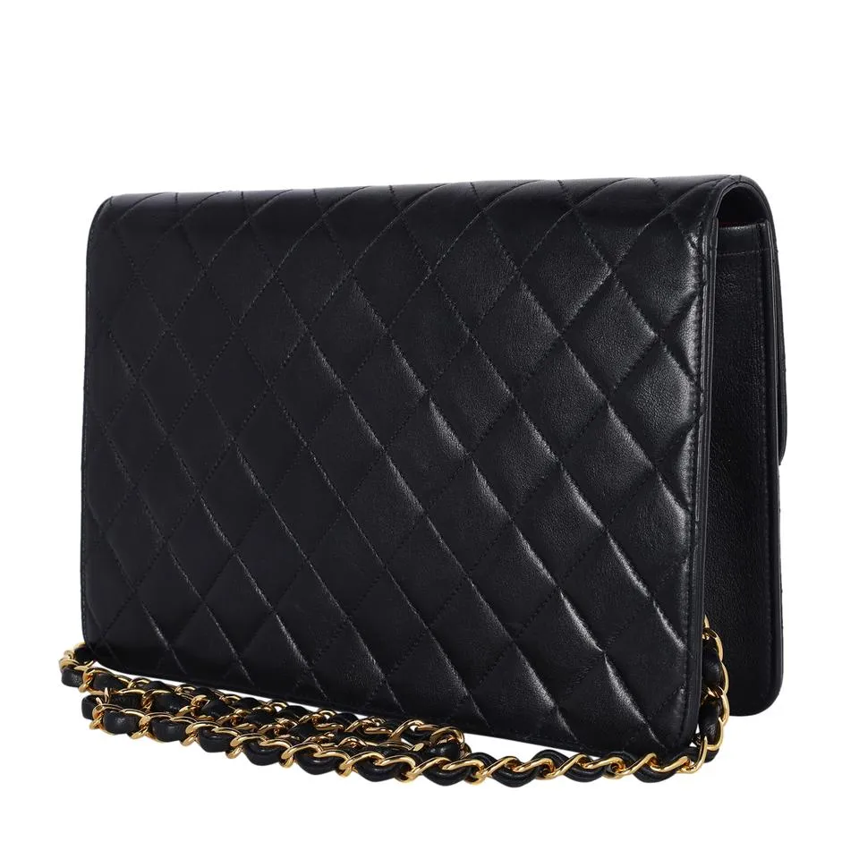Lambskin Leather Single Flap Shoulder Bag Black (Authentic Pre-owned)