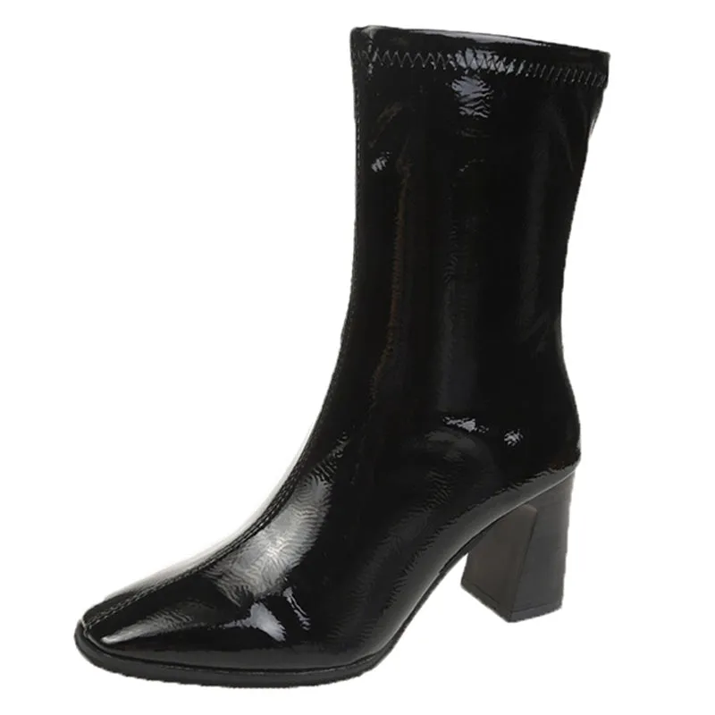 Lucyever Womens Mid Calf Slip on Boots Women  Autumn Patent Leather High Heels