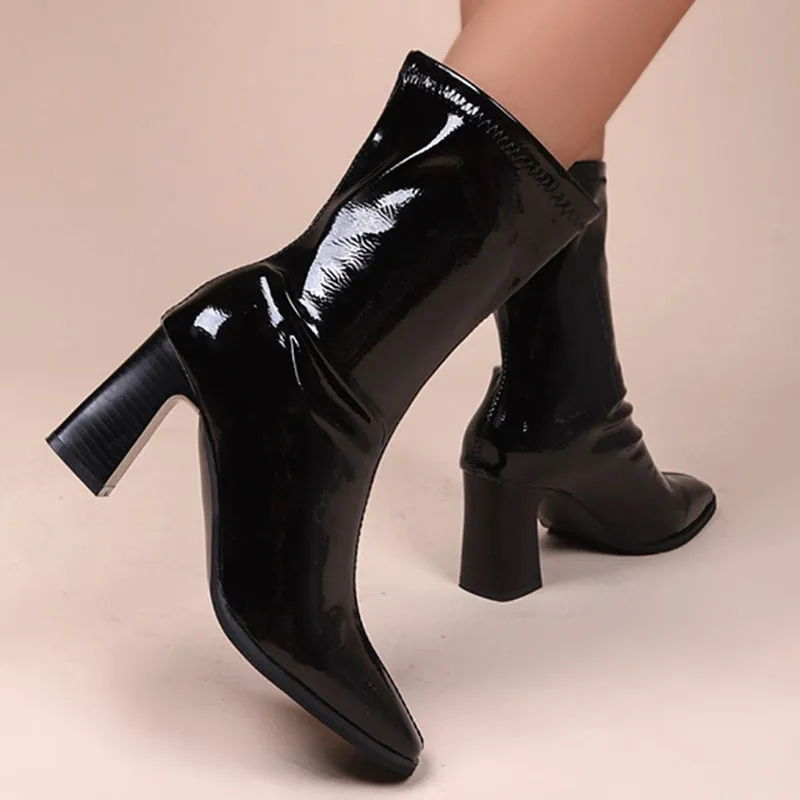 Lucyever Womens Mid Calf Slip on Boots Women  Autumn Patent Leather High Heels