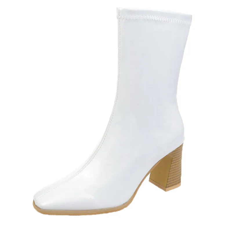Lucyever Womens Mid Calf Slip on Boots Women  Autumn Patent Leather High Heels