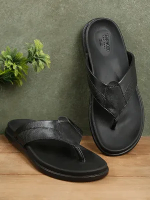Men Black Leather Slip On Sandals
