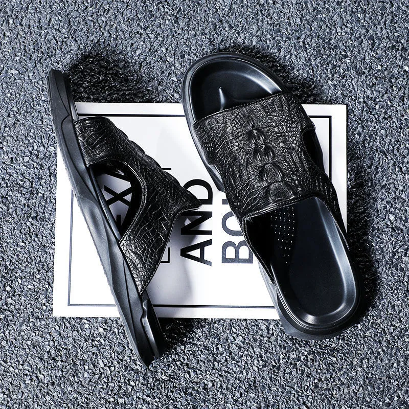 Men Crocodile Casual Black Slides Sandals