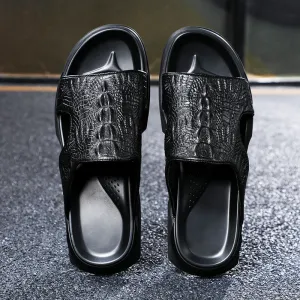 Men Crocodile Casual Black Slides Sandals
