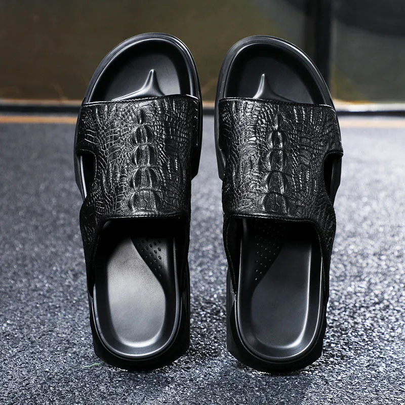 Men Crocodile Casual Black Slides Sandals