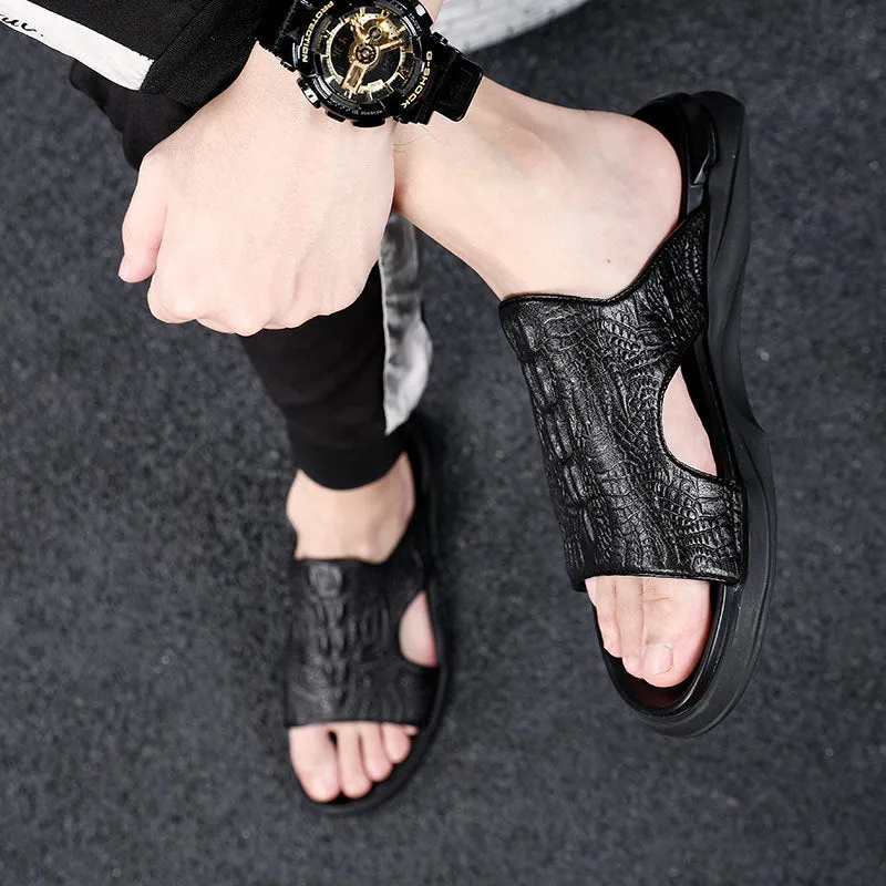 Men Crocodile Casual Black Slides Sandals