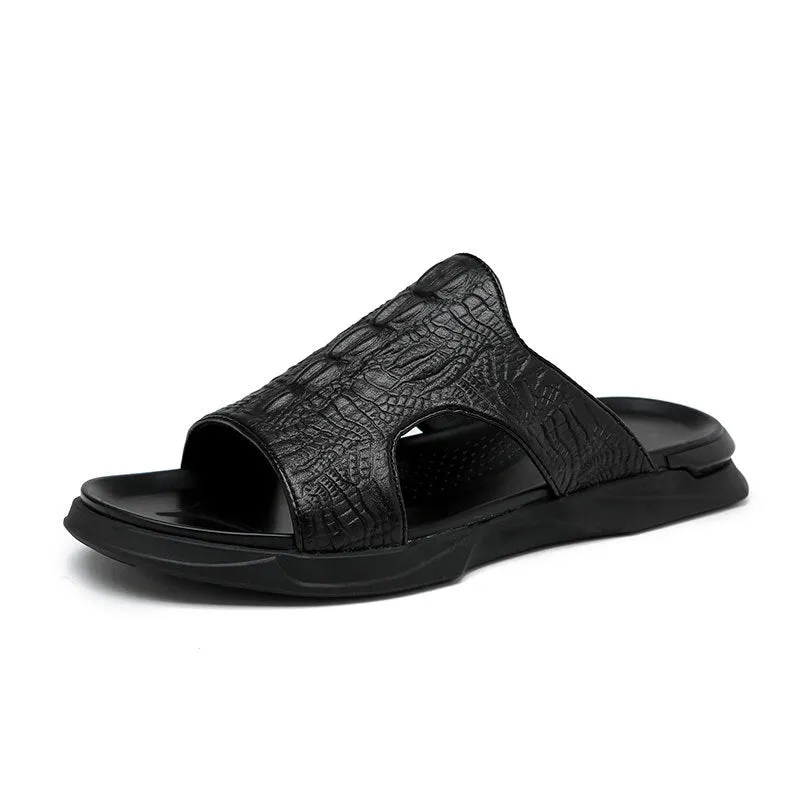 Men Crocodile Casual Black Slides Sandals