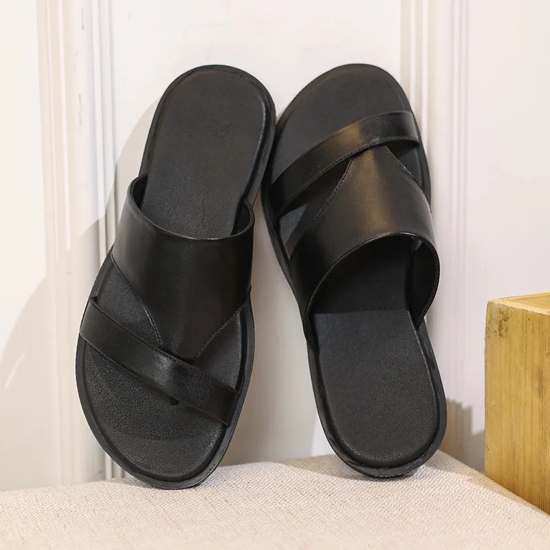 Men Summer Cowhide Slide Sandals