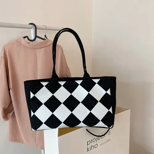 Plaid Large Tote Bag LEFTSIDE Winter New High-quality CANVAS Women's Designer Handbag High Capacity Shoulder Messenger Bag