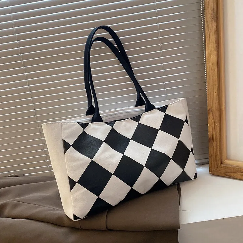 Plaid Large Tote Bag LEFTSIDE Winter New High-quality CANVAS Women's Designer Handbag High Capacity Shoulder Messenger Bag