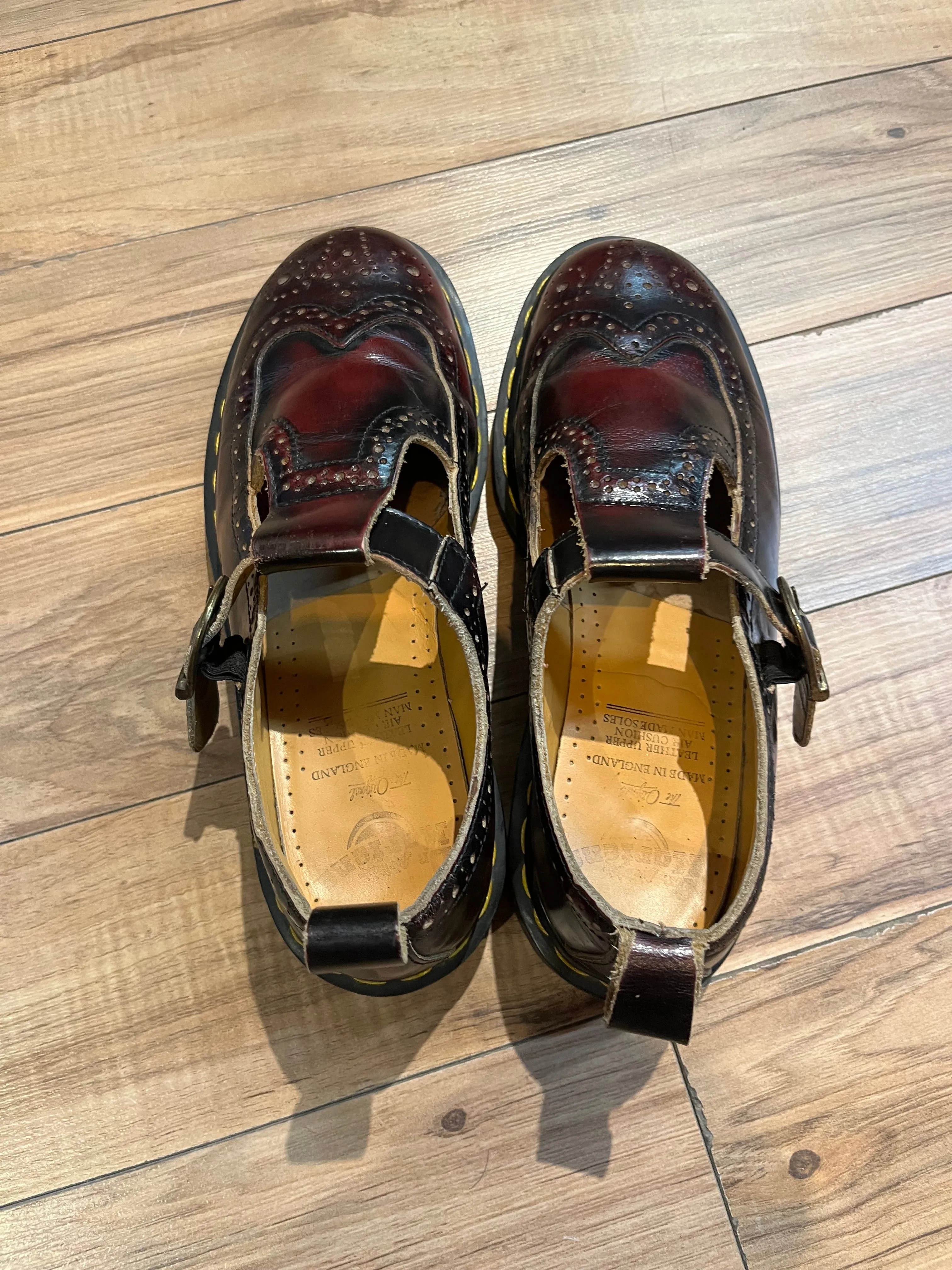 Rare Vintage Doc Martens Oxblood Wingtip Brogue Mary Janes, Made in England, Size UK 7, EUR 40, US Women’s 9