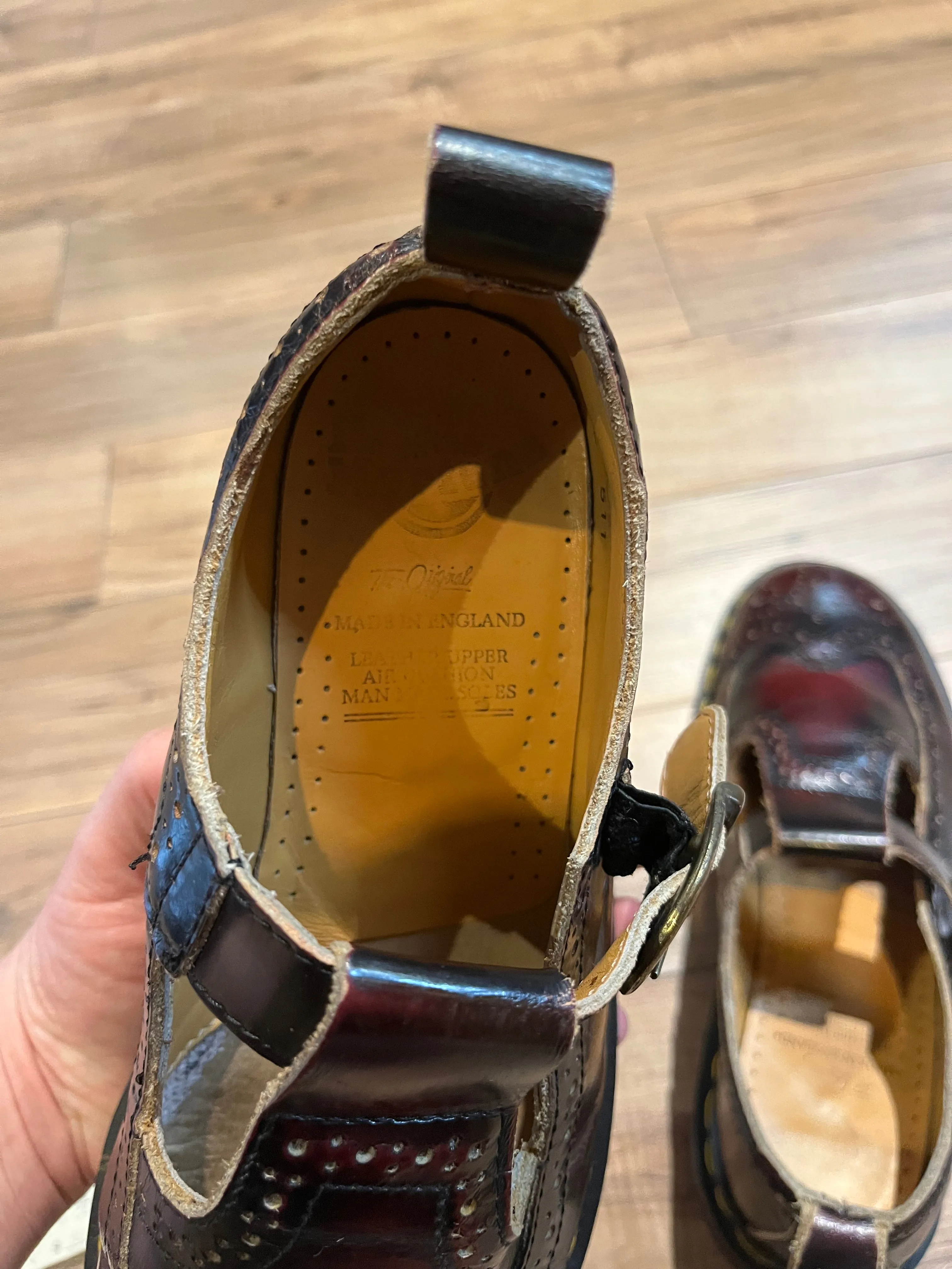Rare Vintage Doc Martens Oxblood Wingtip Brogue Mary Janes, Made in England, Size UK 7, EUR 40, US Women’s 9