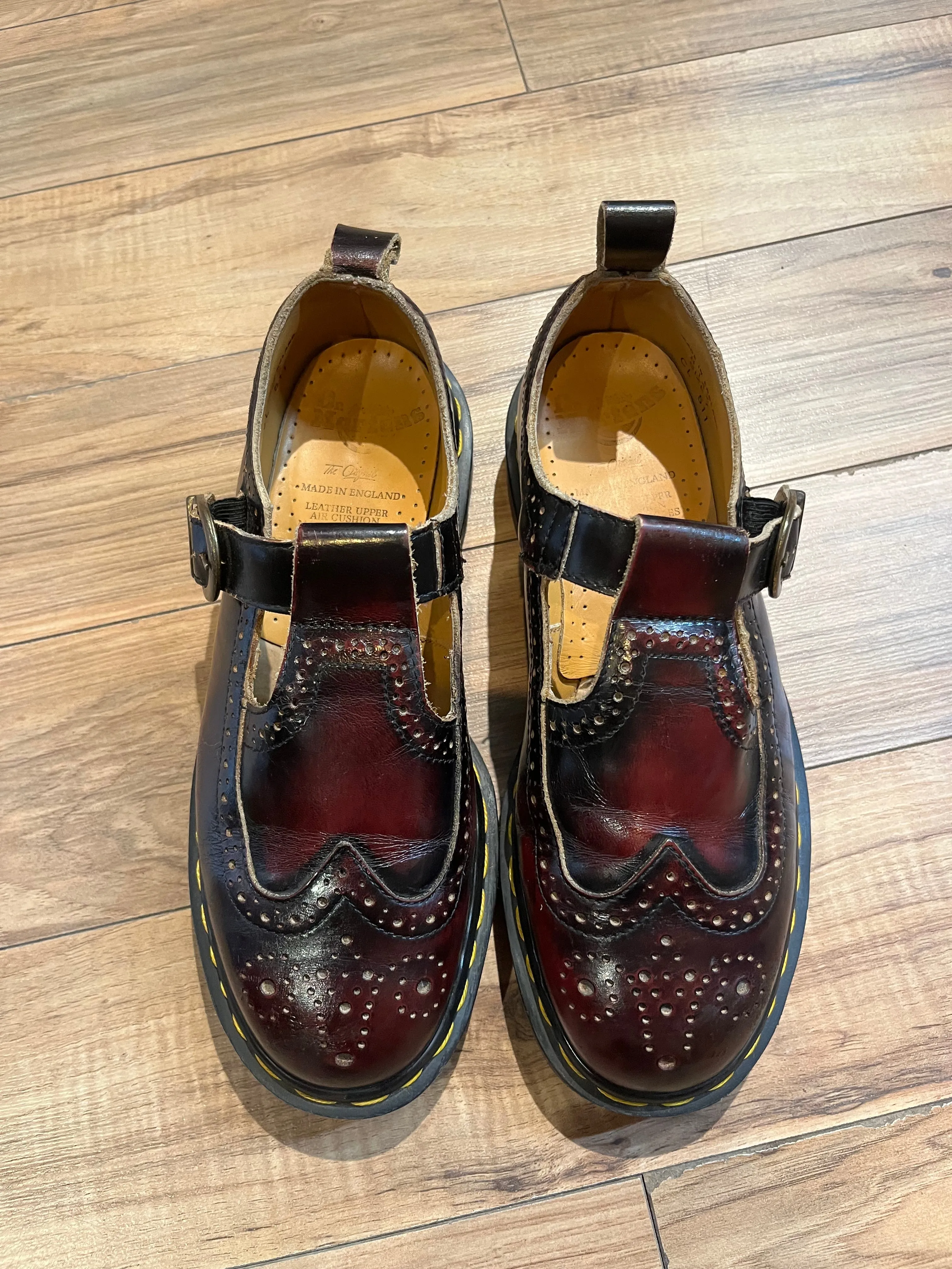 Rare Vintage Doc Martens Oxblood Wingtip Brogue Mary Janes, Made in England, Size UK 7, EUR 40, US Women’s 9