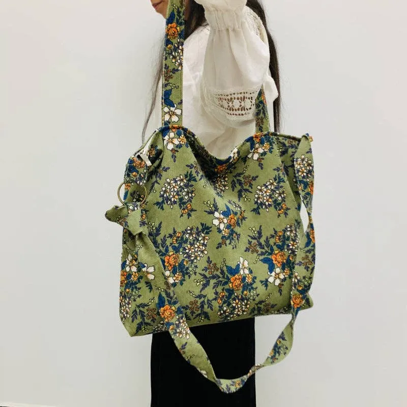 Retro Vintage Floral Corduroy Tote Bag | Shoulder or Crossbody Style