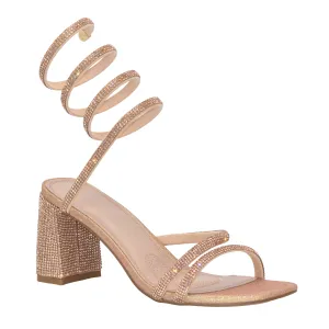 Rodeo - Spiral Coil Strap Block Heels, All-Around Rhinestone Detailing, Glamorous & Bold for Parties or Special Events