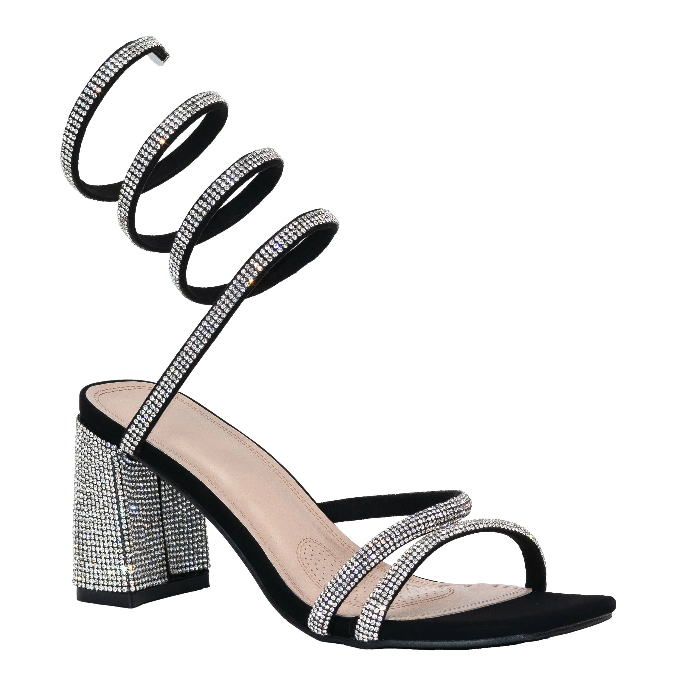 Rodeo - Spiral Coil Strap Block Heels, All-Around Rhinestone Detailing, Glamorous & Bold for Parties or Special Events