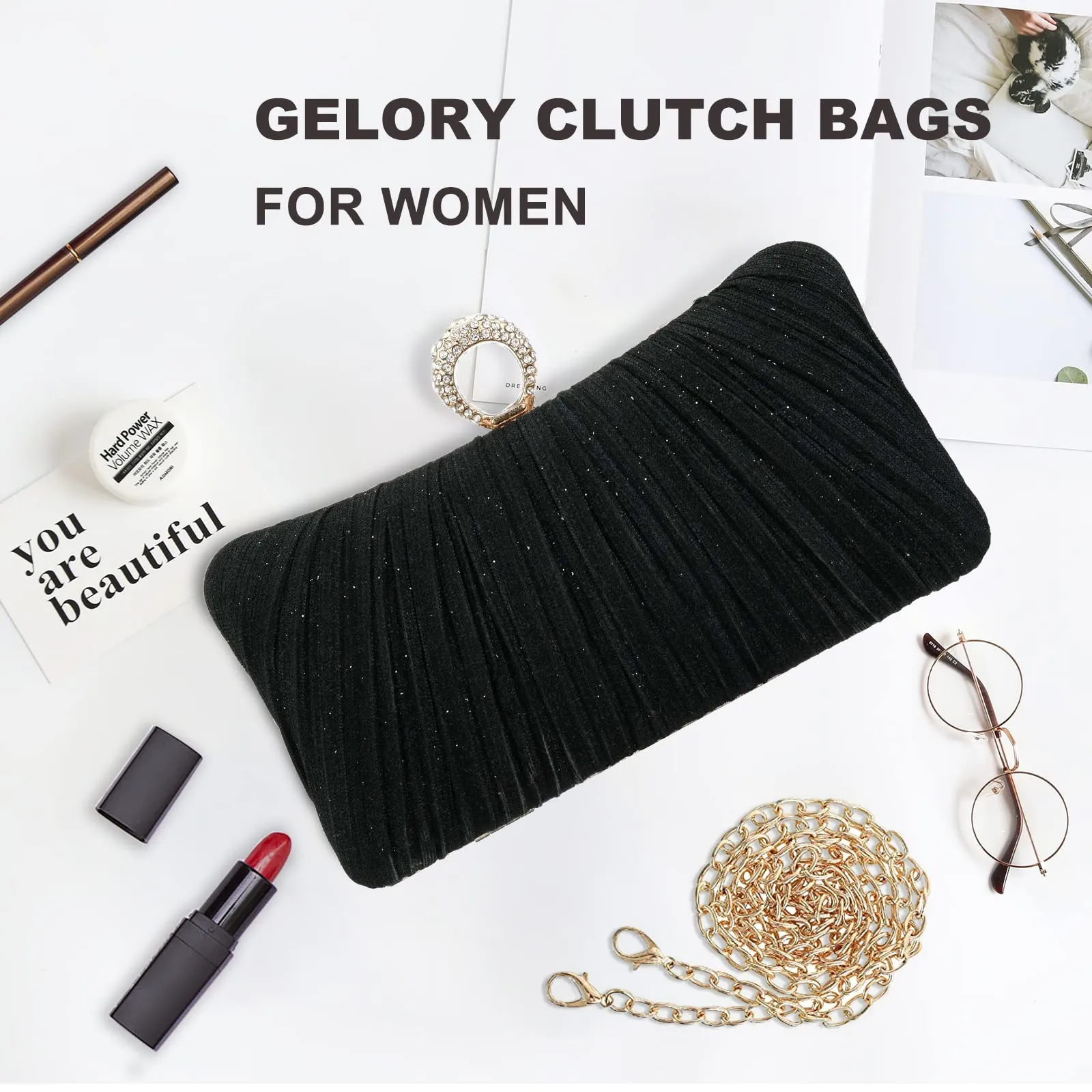 Small evening bag, glitter clutch, purse with detachable chain