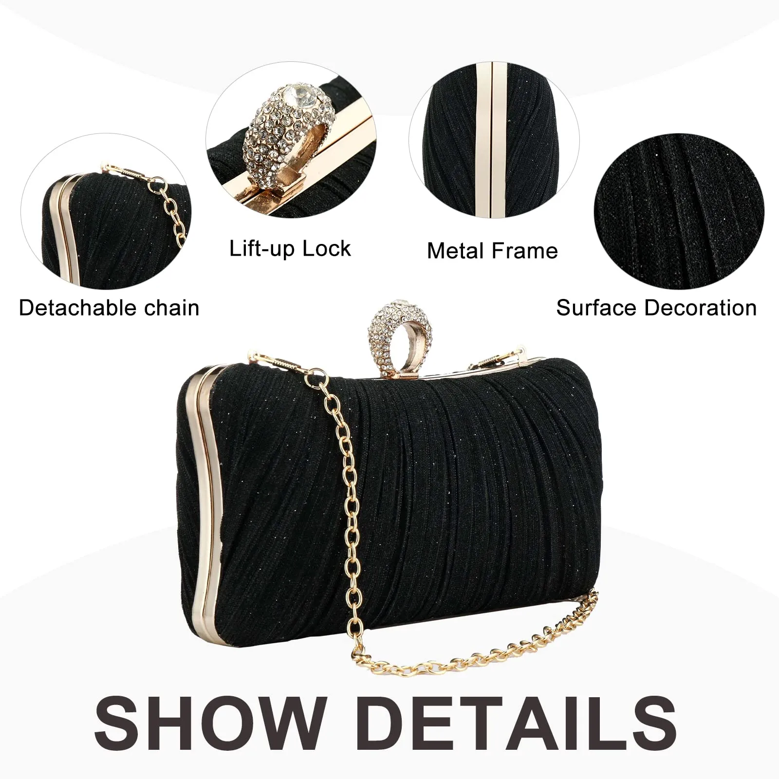 Small evening bag, glitter clutch, purse with detachable chain