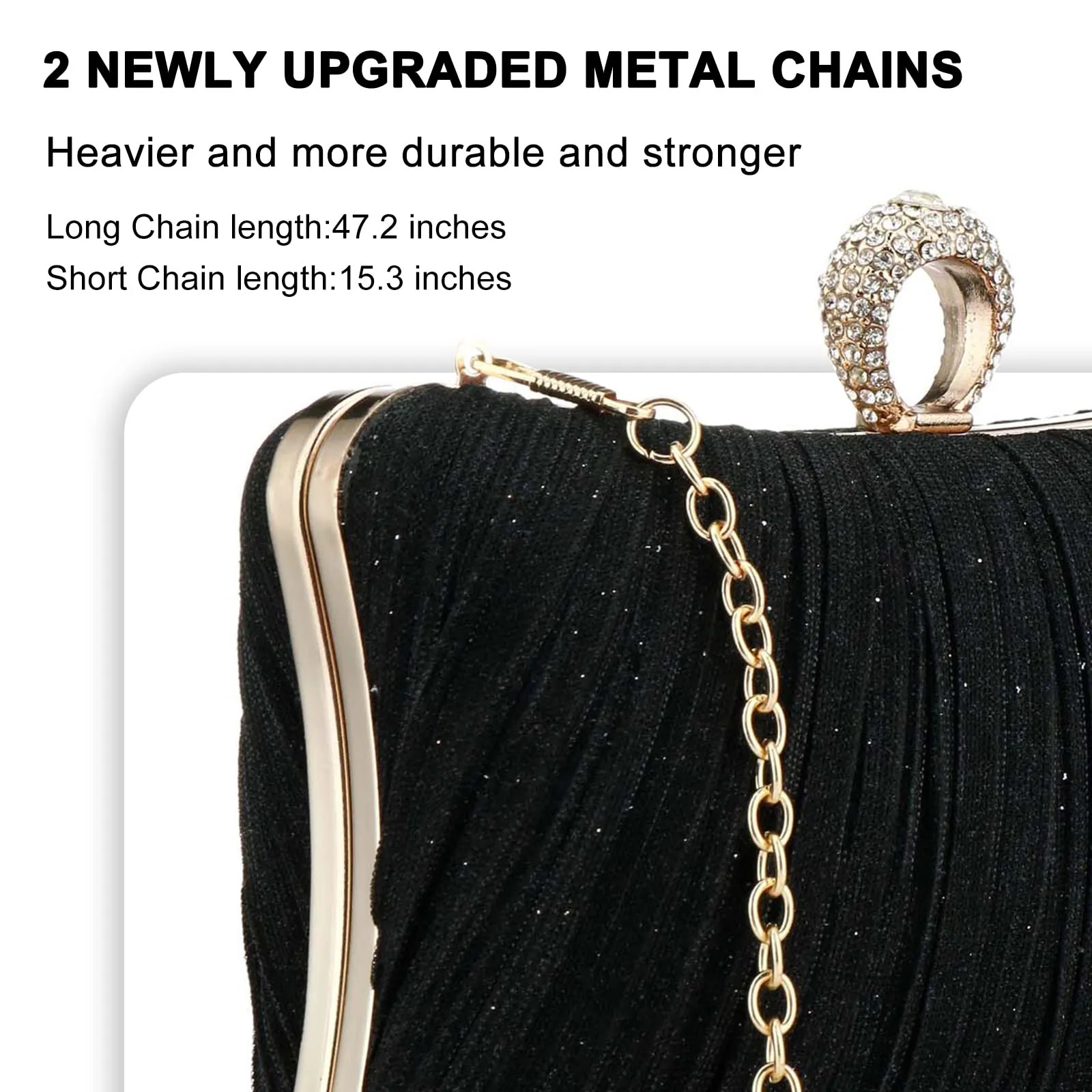 Small evening bag, glitter clutch, purse with detachable chain