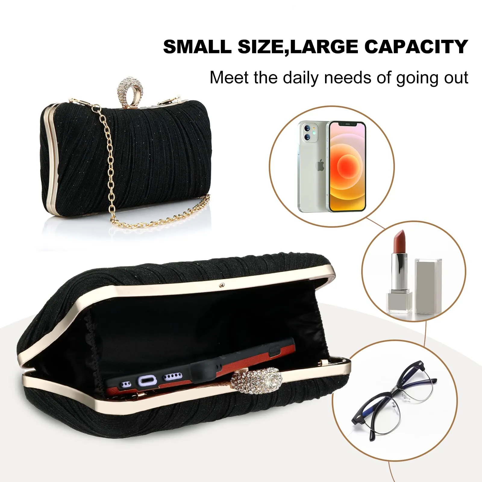 Small evening bag, glitter clutch, purse with detachable chain