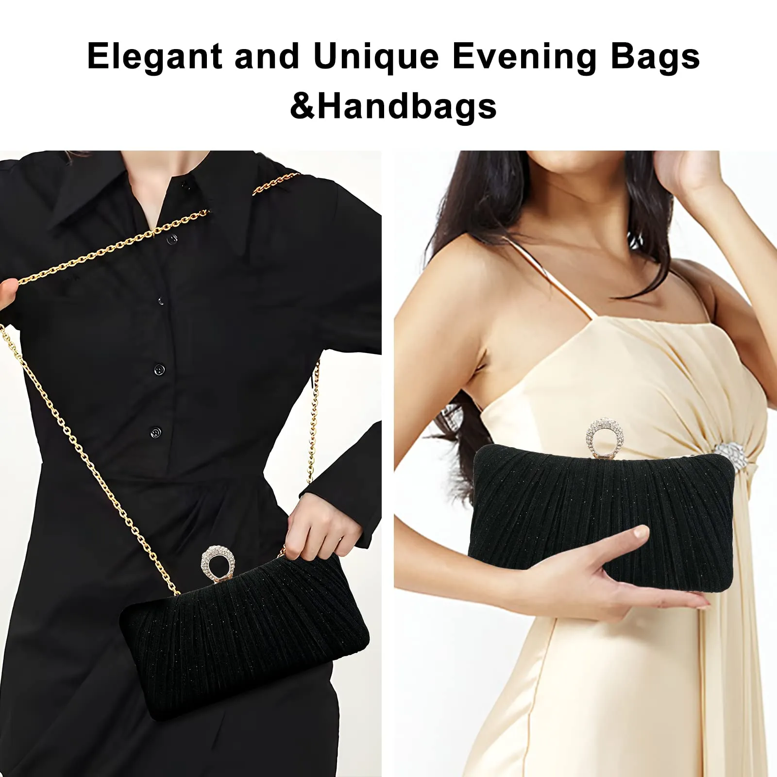 Small evening bag, glitter clutch, purse with detachable chain