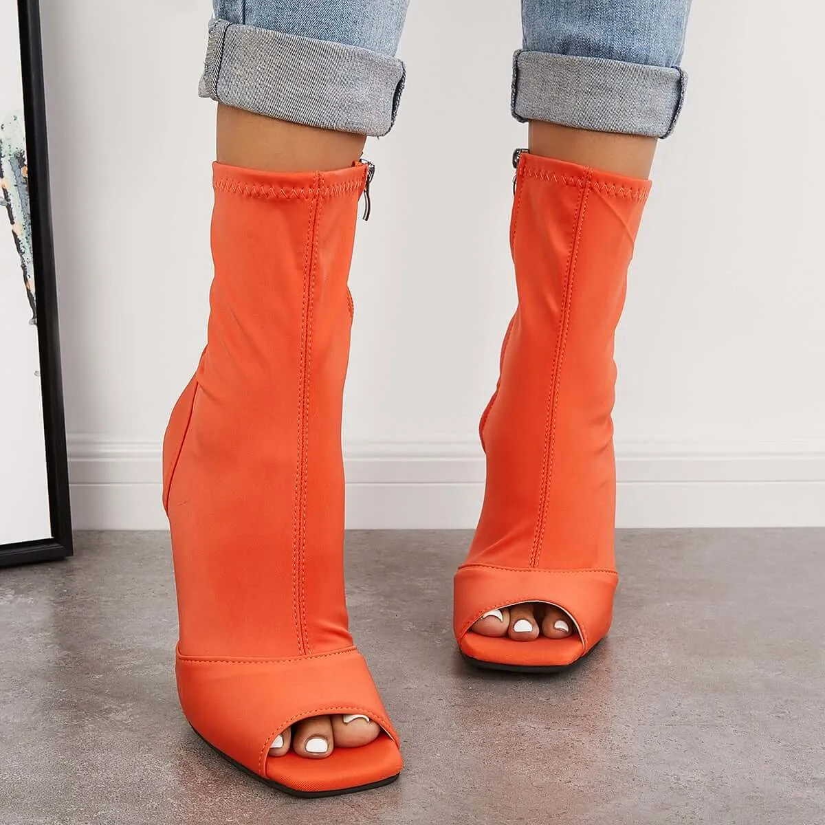 Sohiwoo Stretch Peep Toe Sock Boots Stiletto High Heel Booties