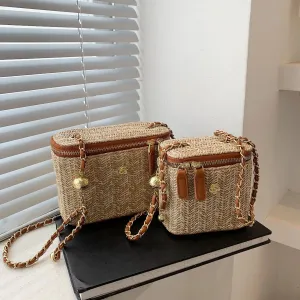 Straw Bucket Crossbody Bag - Fashion Weave Handbag with Chain Chic Shoulder Bags Purses