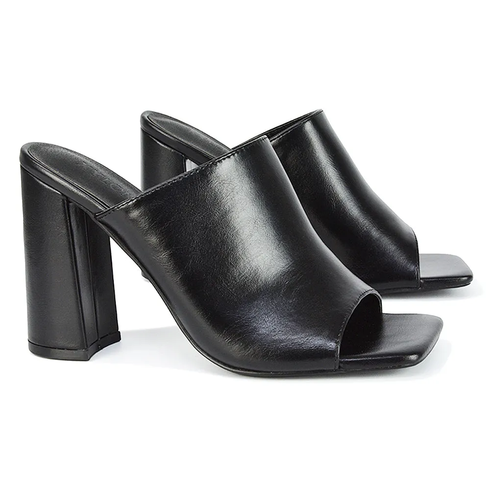 Sunday Square Toe Block High Heel Mule Peep Toe Sandals in Nude Synthetic Leather