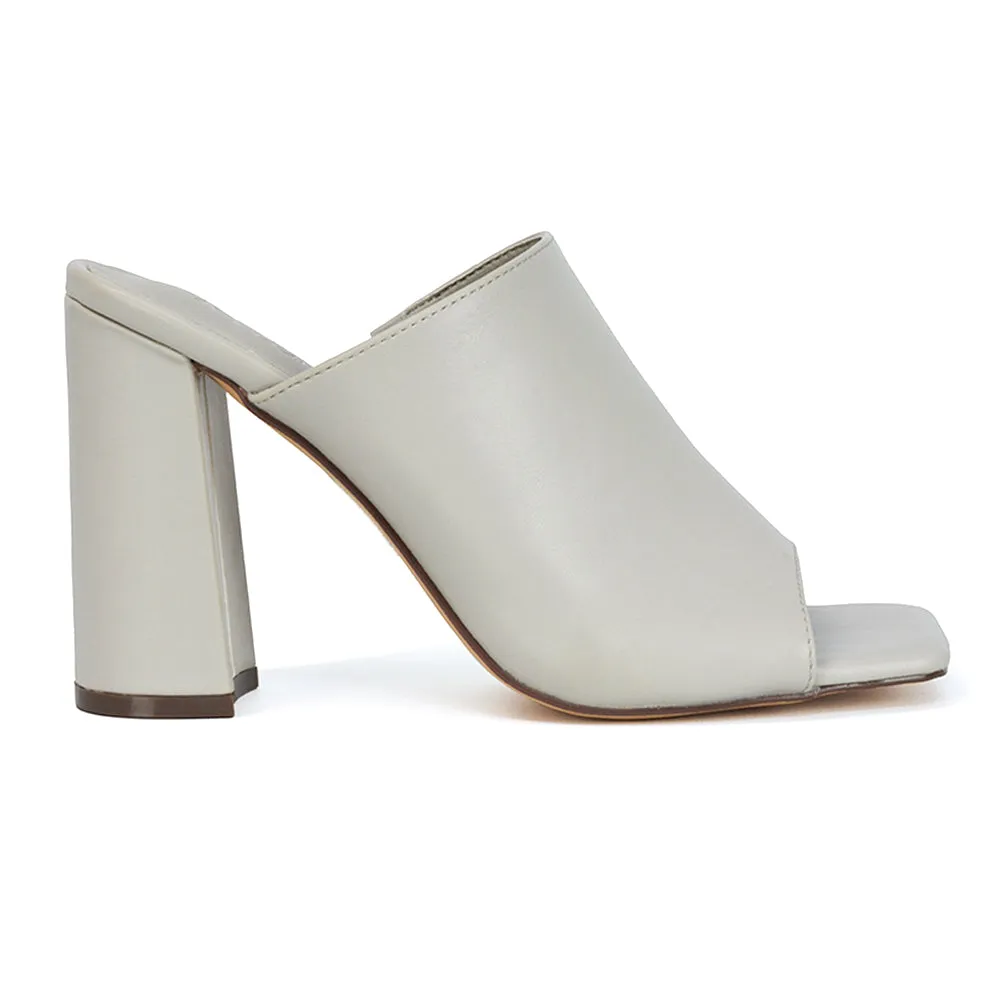 Sunday Square Toe Block High Heel Mule Peep Toe Sandals in Nude Synthetic Leather