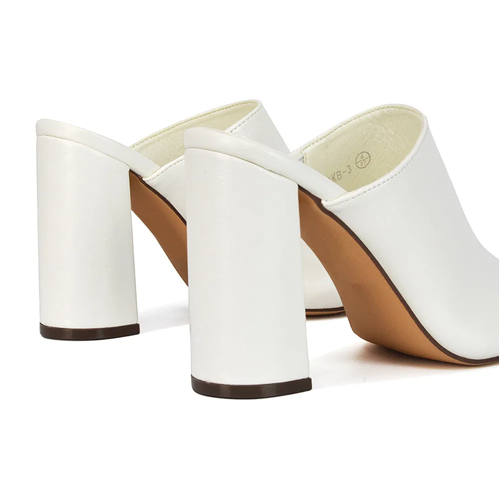 Sunday Square Toe Block High Heel Mule Peep Toe Sandals in Nude Synthetic Leather