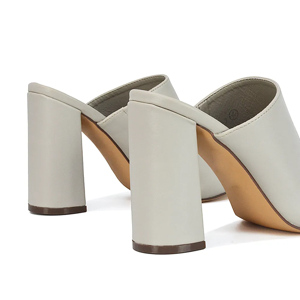 Sunday Square Toe Block High Heel Mule Peep Toe Sandals in Nude Synthetic Leather