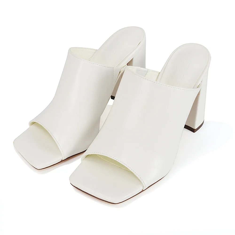 Sunday Square Toe Block High Heel Mule Peep Toe Sandals in Nude Synthetic Leather