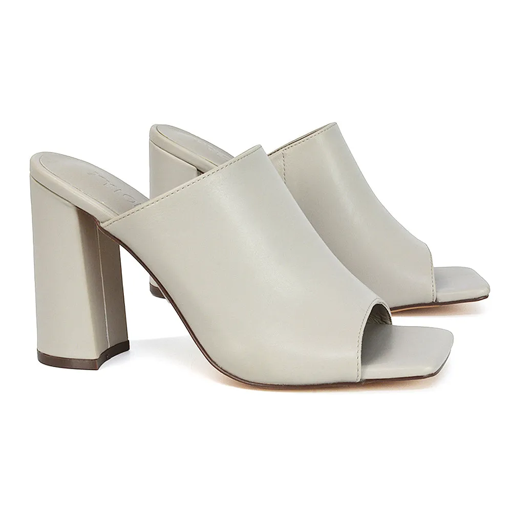Sunday Square Toe Block High Heel Mule Peep Toe Sandals in Nude Synthetic Leather