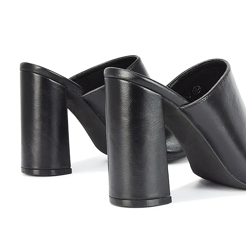 Sunday Square Toe Block High Heel Mule Peep Toe Sandals in Nude Synthetic Leather