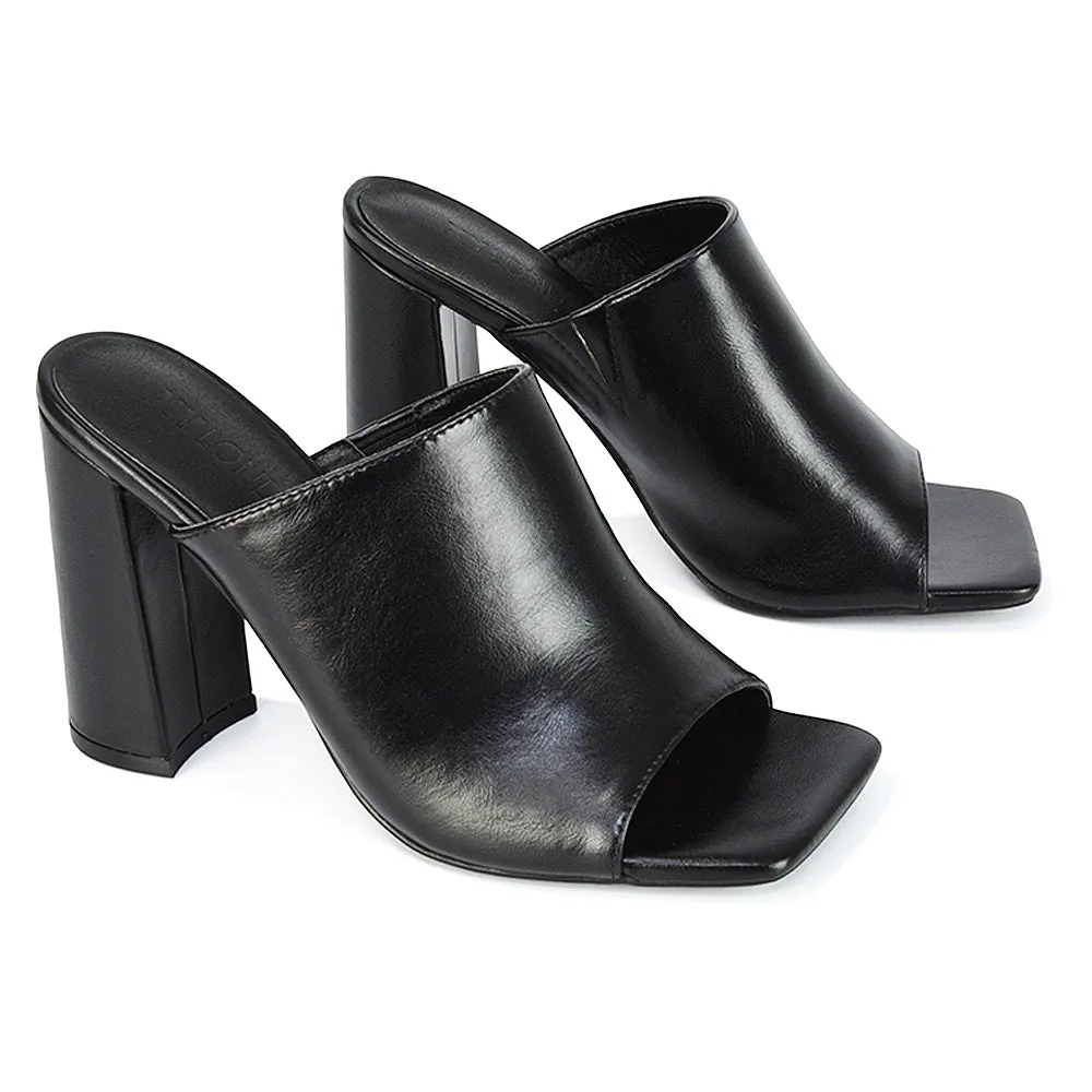 Sunday Square Toe Block High Heel Mule Peep Toe Sandals in Nude Synthetic Leather