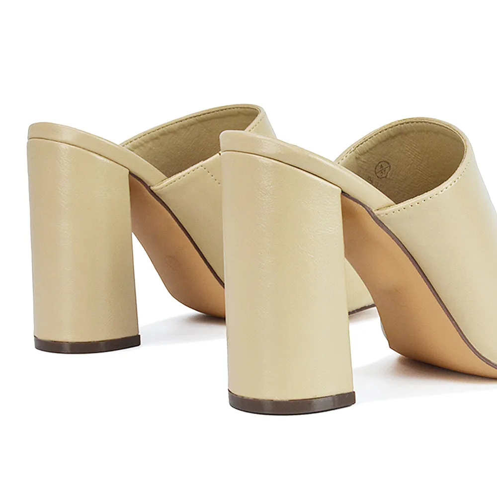 Sunday Square Toe Block High Heel Mule Peep Toe Sandals in Nude Synthetic Leather