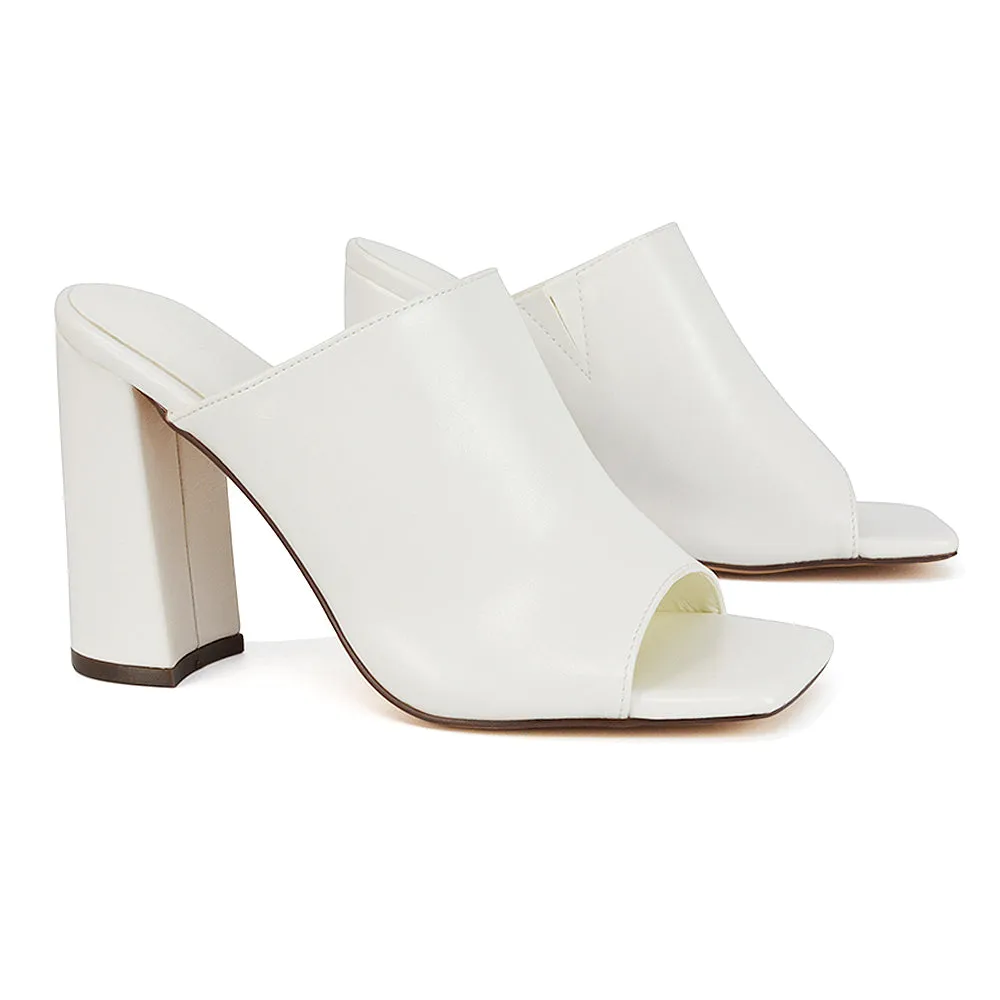 Sunday Square Toe Block High Heel Mule Peep Toe Sandals in Nude Synthetic Leather