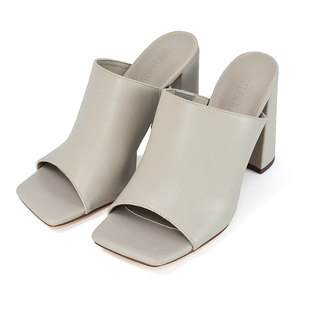 Sunday Square Toe Block High Heel Mule Peep Toe Sandals in Nude Synthetic Leather
