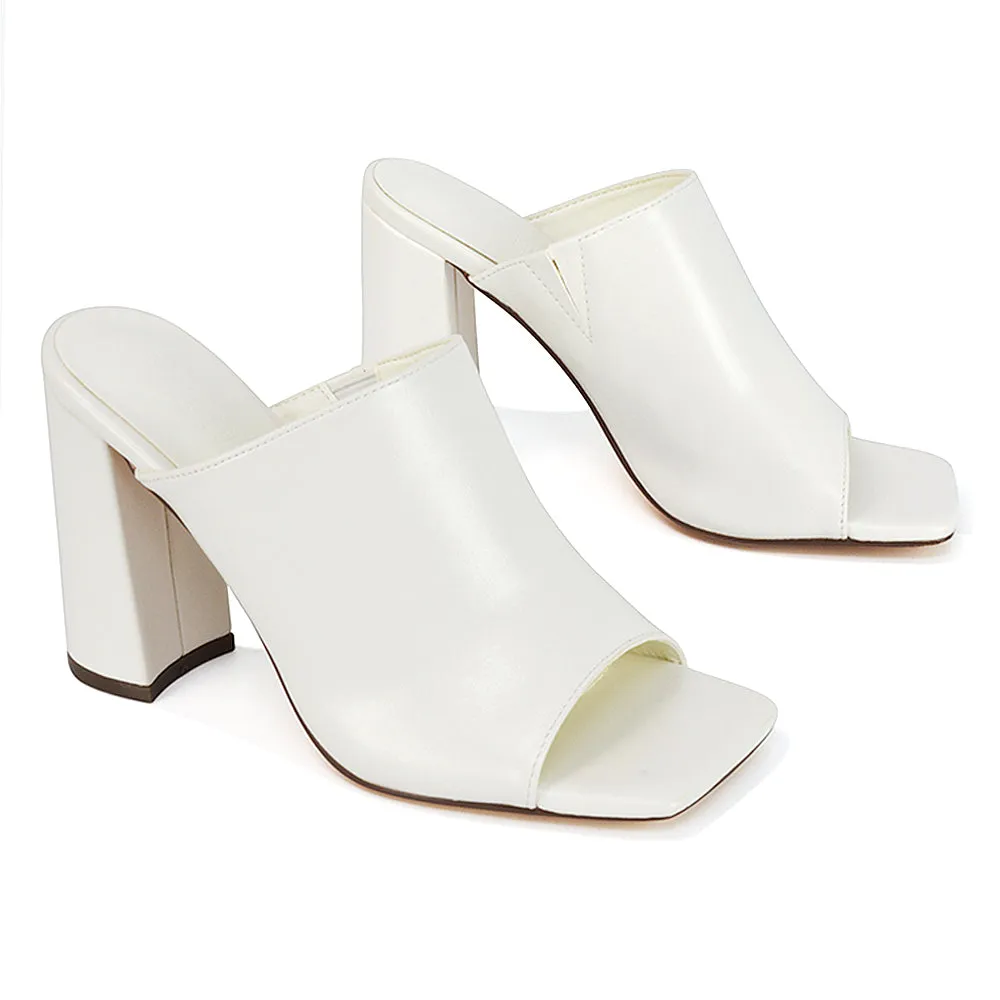 Sunday Square Toe Block High Heel Mule Peep Toe Sandals in Nude Synthetic Leather